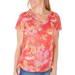 Juniper + Lime Womens Hibiscus Side Cinched Short Sleeve Top