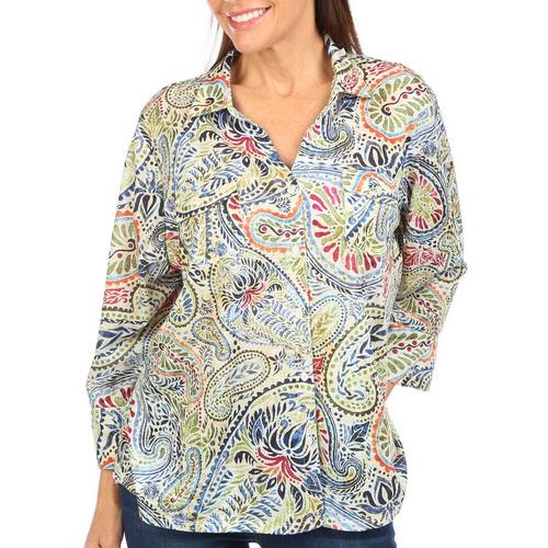 Alfred Dunner Womens Multi Print Button Down 3/4