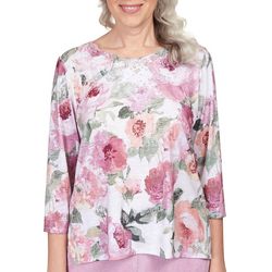 Alfred Dunner Womens Floral Scallop Neck 3/4 Sleeve Top