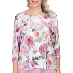 Womens Floral Scallop Neck 3/4 Sleeve Top