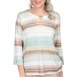 Alfred Dunner Womens Stripe Keyhole 3/4 Sleeve Top