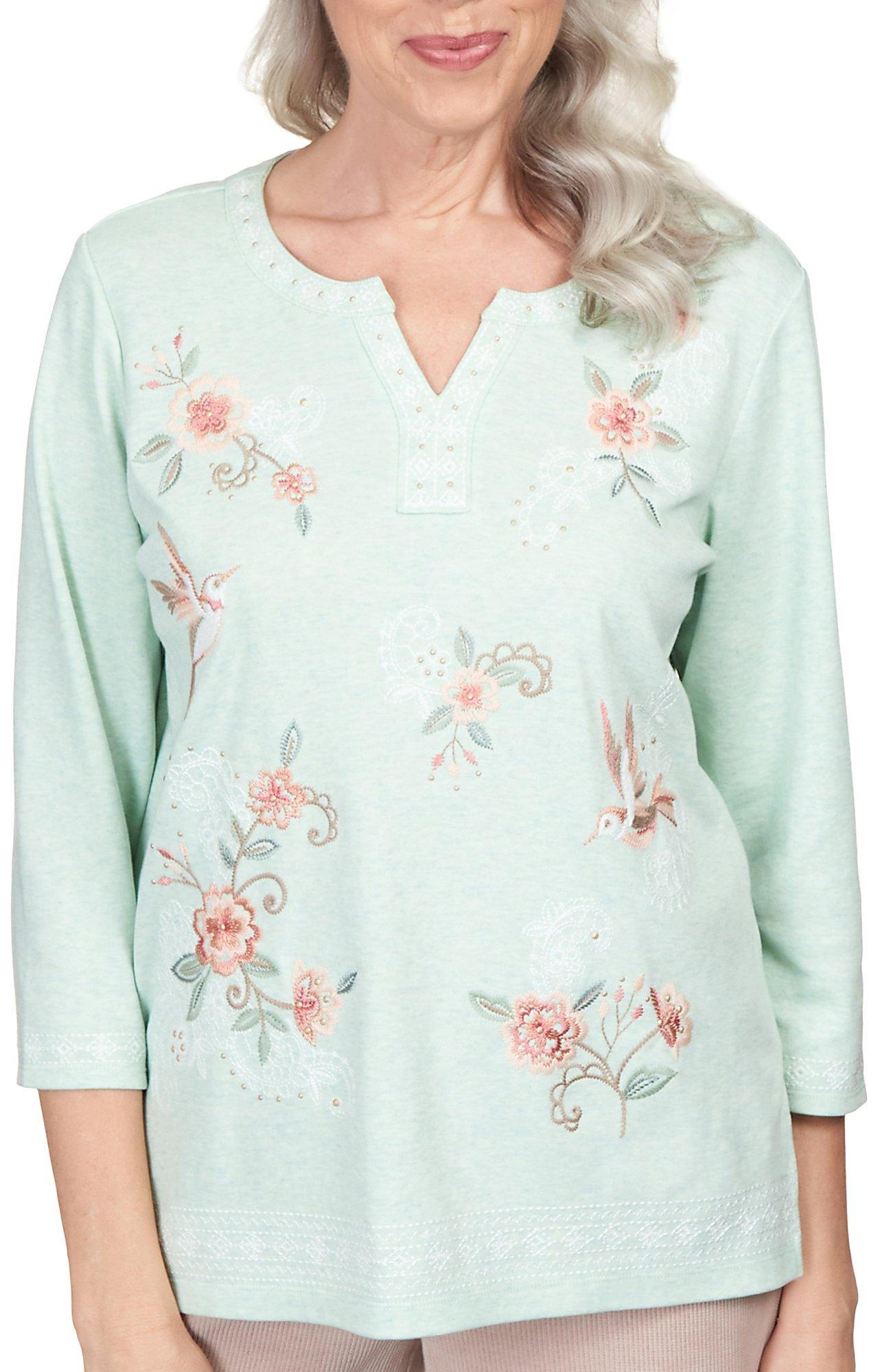 Alfred Dunner Misses Solid Floral Embroidery 3/4 Sleeve Top