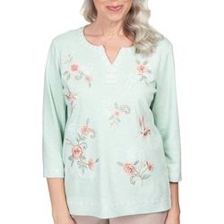 Alfred Dunner Misses Solid Floral Embroidery 3/4 Sleeve Top