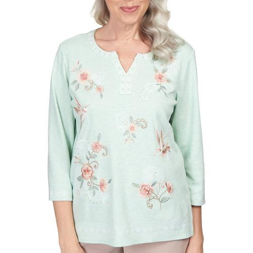 Alfred Dunner Misses Solid Floral Embroidery 3/4 Sleeve