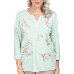 Misses Solid Floral Embroidery 3/4 Sleeve Top