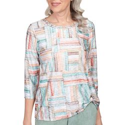 Alfred Dunner Womens Print Round Neck 3/4 Sleeve Top