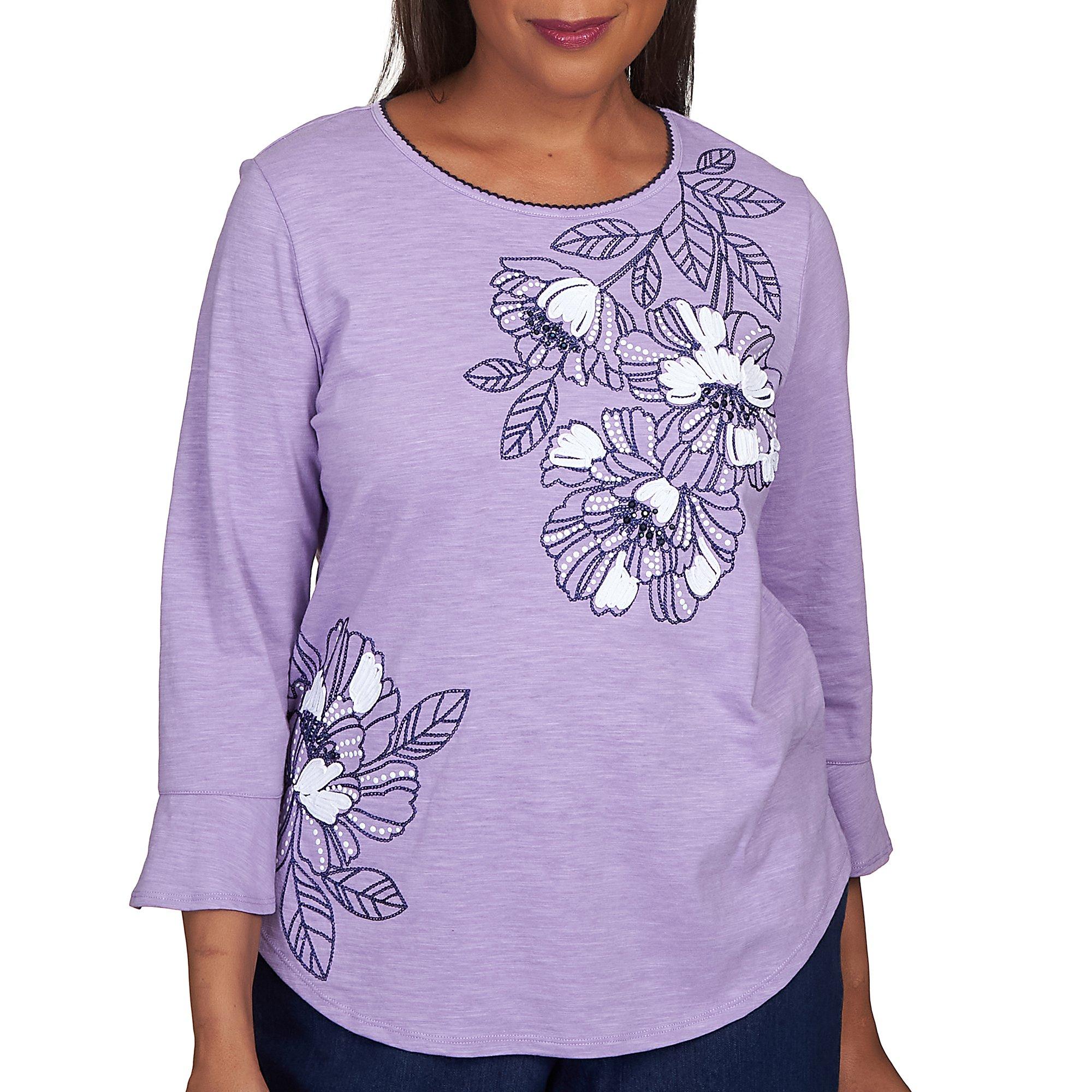Womens Lavender Embroidered Flutter Sleeve Top
