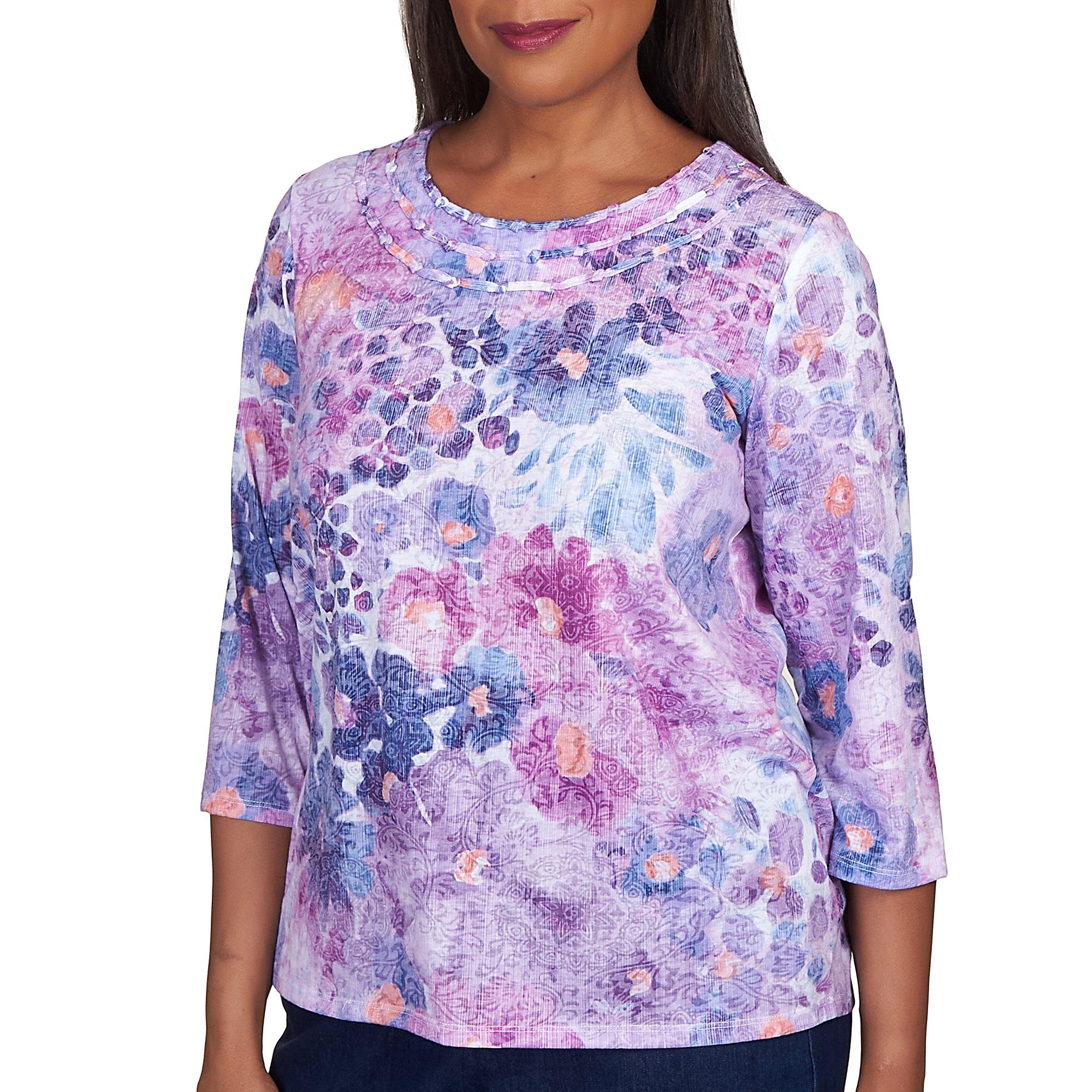 Alfred Dunner Womens Triple Knot Neck Watercolor Floral Top