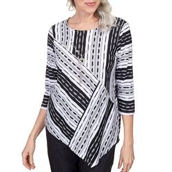 Alfred Dunner Womens Stripe Asymmetric Hem Top With Necklace