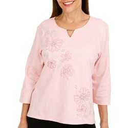 Womens Embroidered Jeweled Split Neck 3/4 Sleeve Top