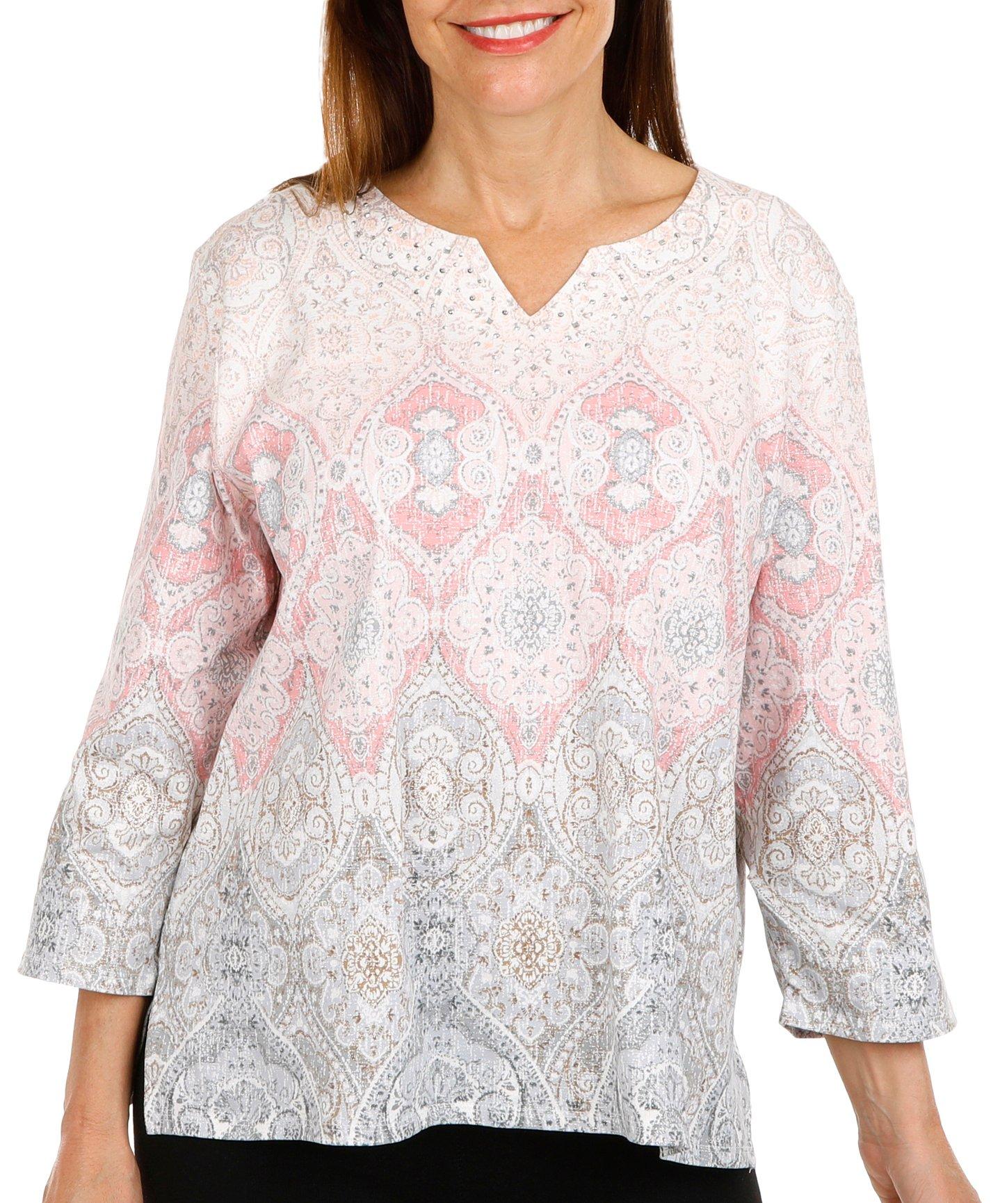 Womens Metallic Jeweled Medallion 3/4 Sleeve Top