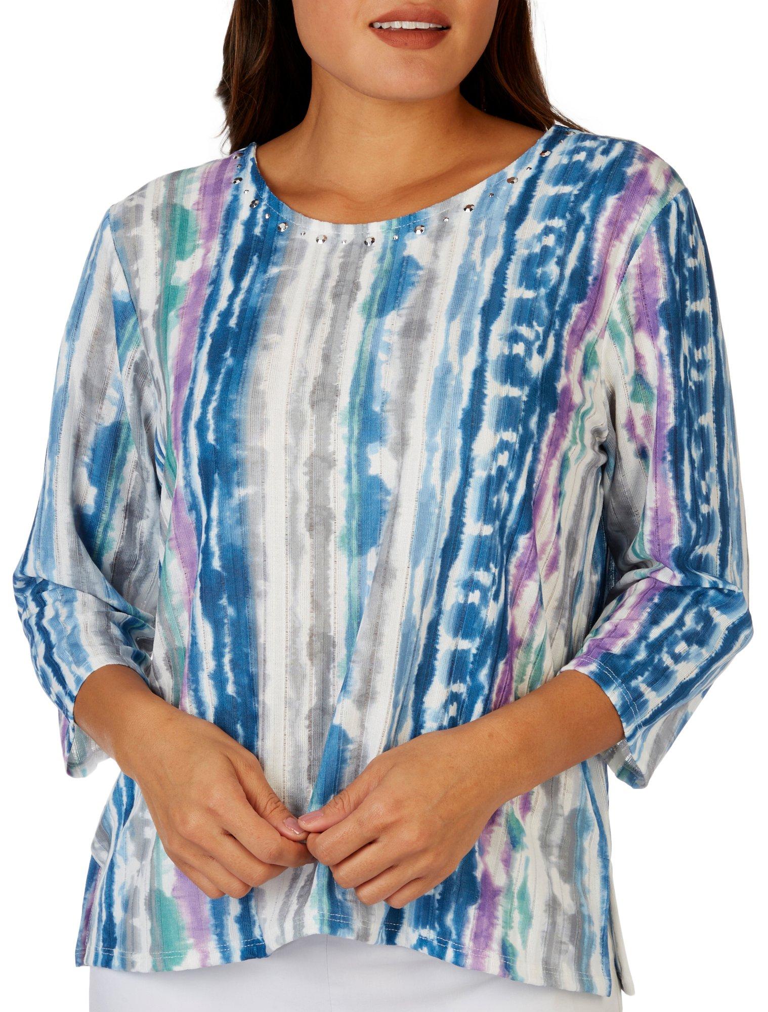 Womens Watercolor Embellished Round Neck 3/4 Sleeve Top