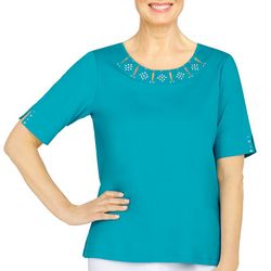 Alfred Dunner Womens Solid Cutout Short Sleeve Top