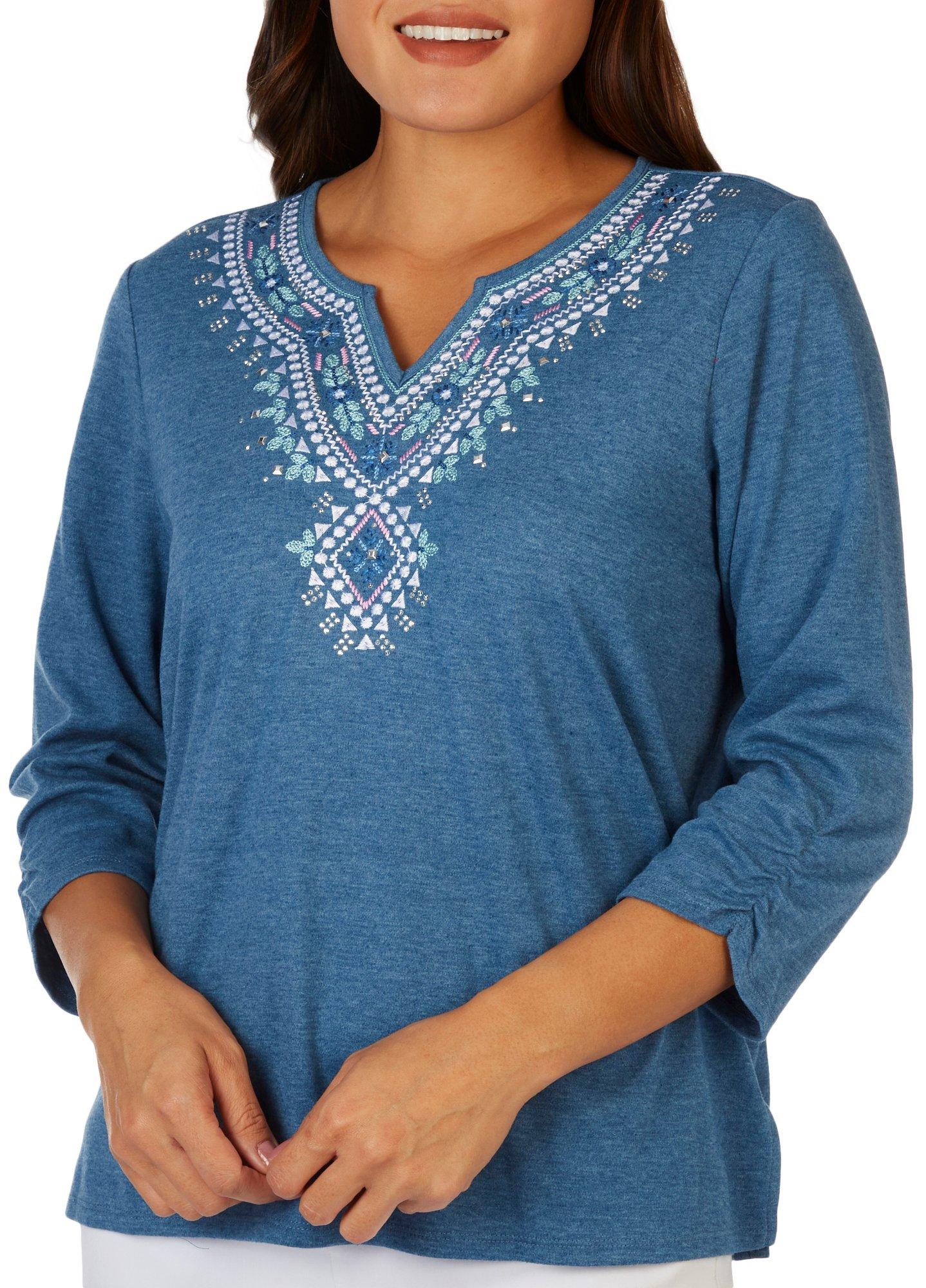 Womens Solid Embroidered & Embellished Neck 3/4 Sleeve Top