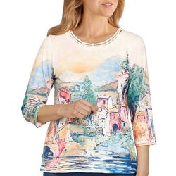 Alfred Dunner Womens Scenic Cutout 3/4 Sleeve Top