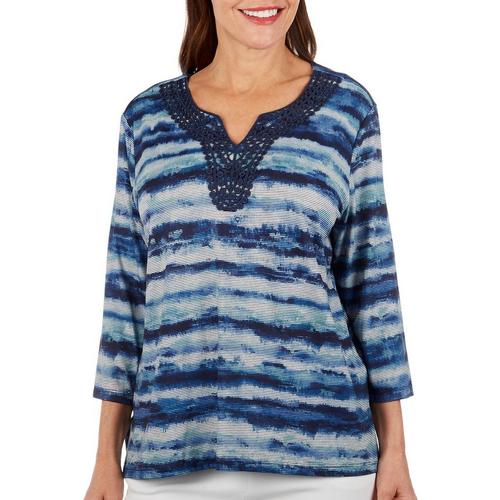 Alfred Dunner Womens Striped Lace Inset Neck 3/4