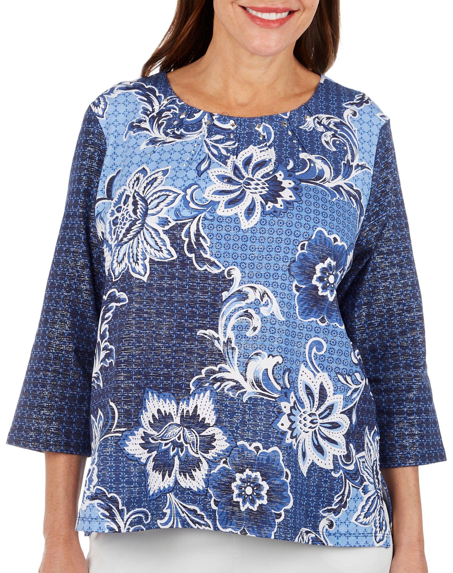 Women's Floral Batik Pleated Round Neck 3/4 Sleeve Top