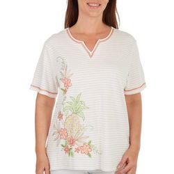 Alfred Dunner Womens Pineapple Embroidered Short Sleeve Top