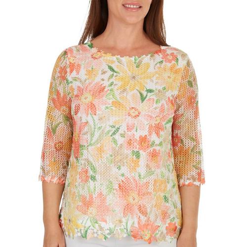 Alfred Dunner Womens Floral Lace Overlay 3/4 Sleeve