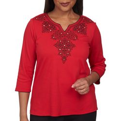 Alfred Dunner Womens Embellished Notch Neck 3/4 Sleeve Top
