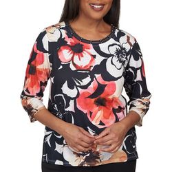 Alfred Dunner Womens Floral Round Neck 3/4 Sleeve Top