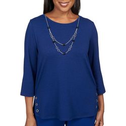 Womens Heather Melange 3/4 Sleeve Knit Top With Necklace