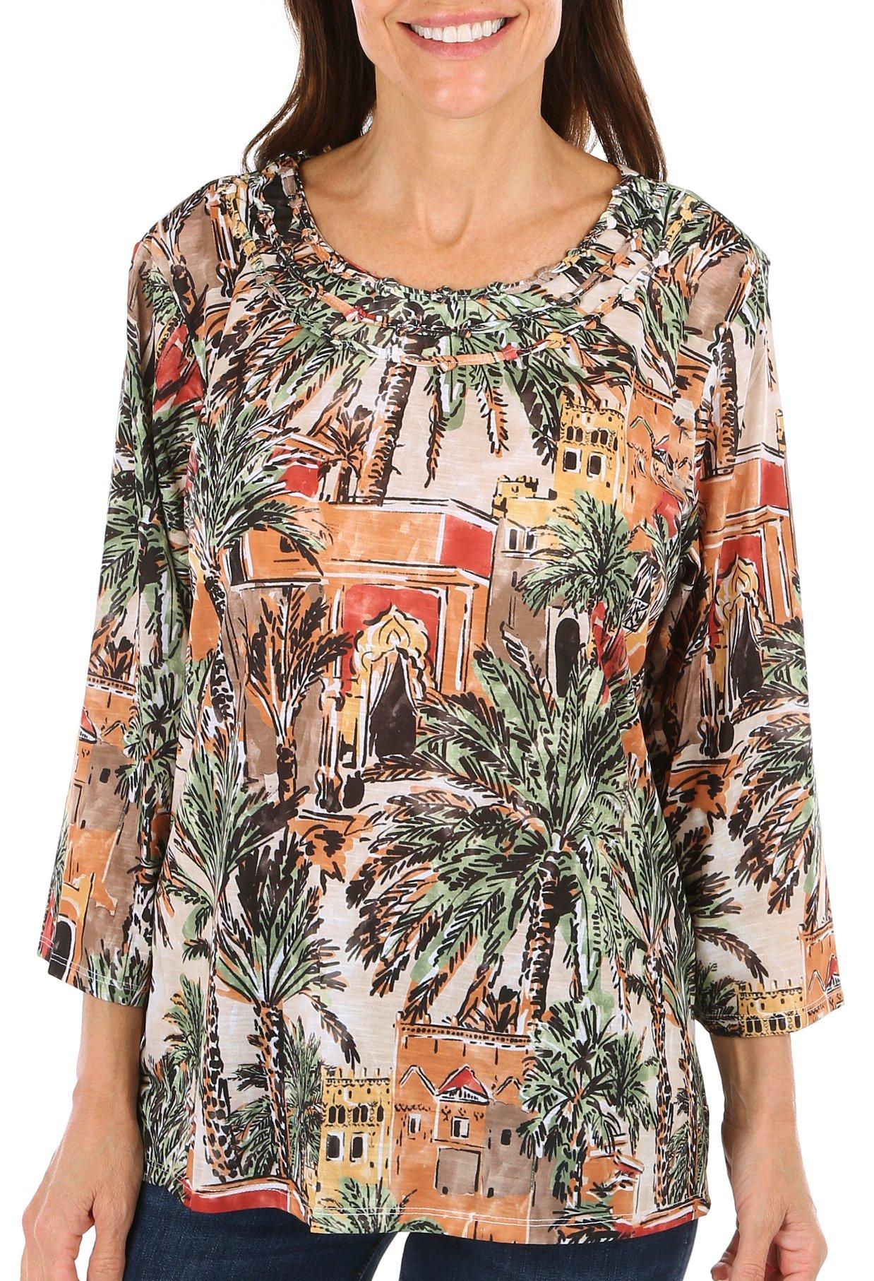 Womens Embellished Scenic 3/4 Sleeve Top
