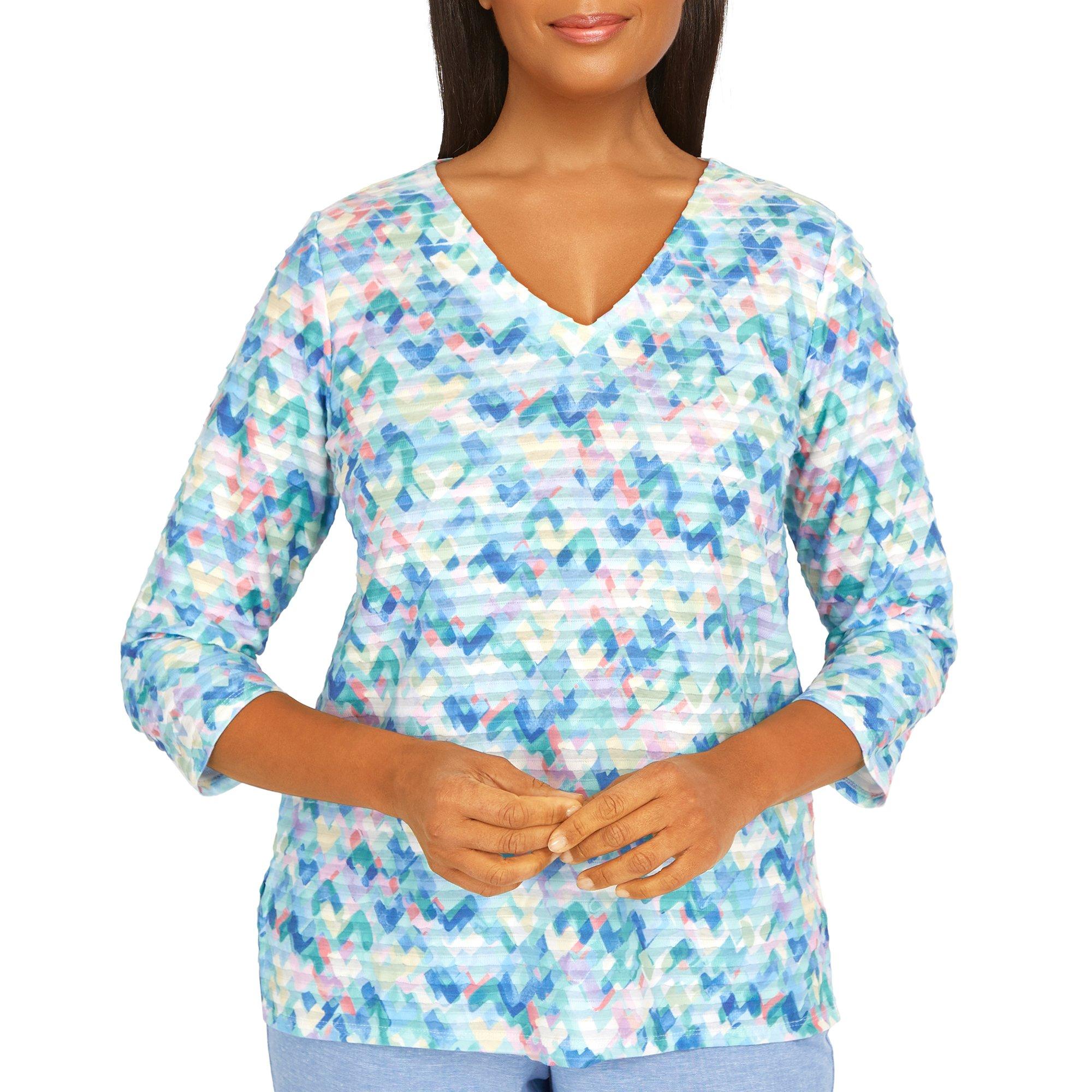 Womens Abstract Texture V Neck 3/4 Sleeve Top