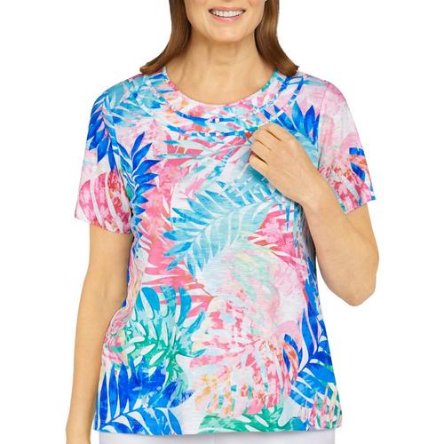 Alfred Dunner Womens Tropical Leaf Short Sleeve Top