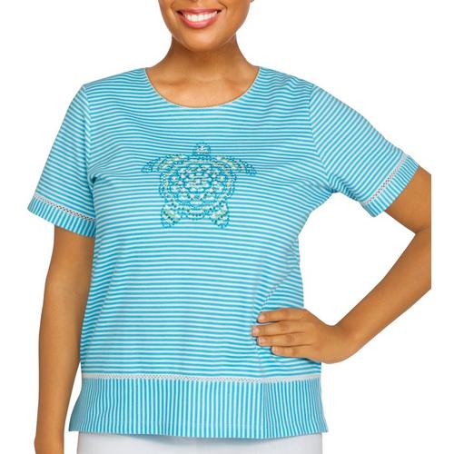 Alfred Dunner Womens Turtle Mosaic Striped Short Sleeve