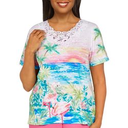 Alfred Dunner Womens Tropical Flamingo Short Sleeve Top