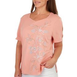 Alfred Dunner Womens Floral Embroidered Short Sleeve Top