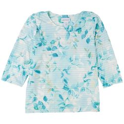 Alfred Dunner Womens Leaf Print Rippled 3/4 Sleeve Top