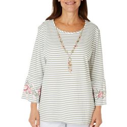 Alfred Dunner Womens Striped Embroidered 3/4 Sleeve Top