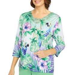 Alfred Dunner Womens Tropical Parrot Lace 3/4 Sleeve Top
