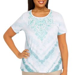 Womens Embroidered Tie-Dye Short Sleeve Top