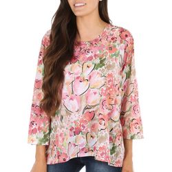 Womens  Floral Round Lace Neck 3/4 Sleeve Top