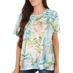 Womens Embellished Tropical Fronds Short Sleeve Top