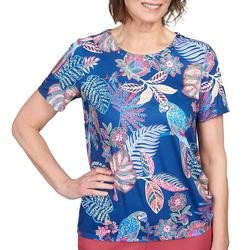 Womens Mosaic Parrot Side Ruched Short Sleeve Top