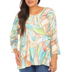 Womens Stained Leaves Embellished 3/4 Sleeve Top