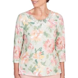 Alfred Dunner Womens Floral Jeweled Lace 3/4 Sleeve Top