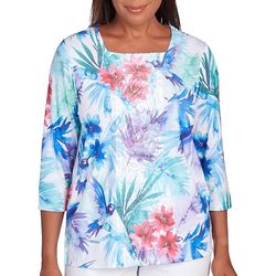 Alfred Dunner Womens Tropical Birds Lace Paneled Top