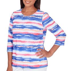 Alfred Dunner Womens Watercolor Stripe Pleated Neck Top