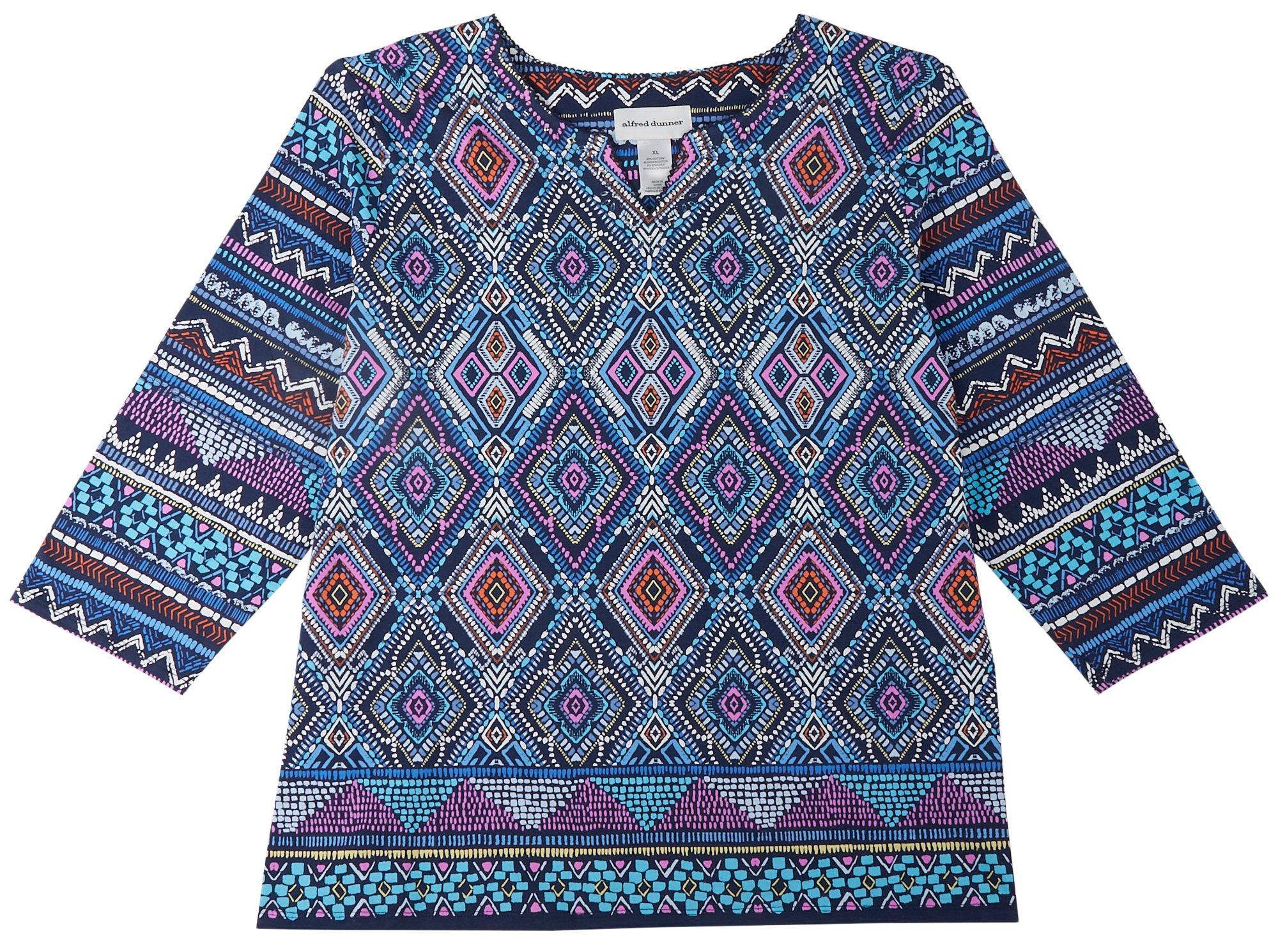 Womens Mosaic Embellished Split Neck 3/4 Sleeve Top
