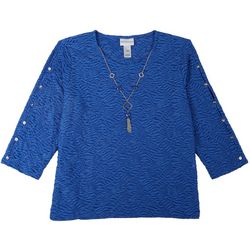 Womens Solid Textured Round Neck 3/4 Sleeve Top