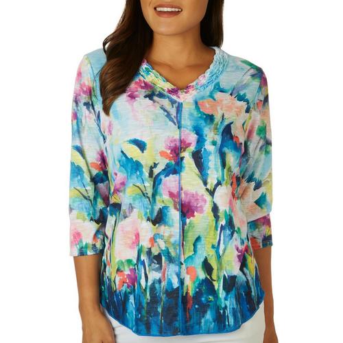Alfred Dunner Womens Watercolor V Neck 3/4 Sleeve