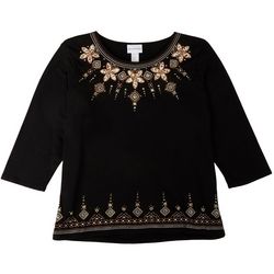 Womens Floral Embroidered Jeweled Yoke 3/4 Sleeve Top