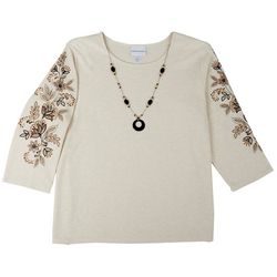 Womens Solid Floral Embroidered Embellished 3/4 Sleeve Top