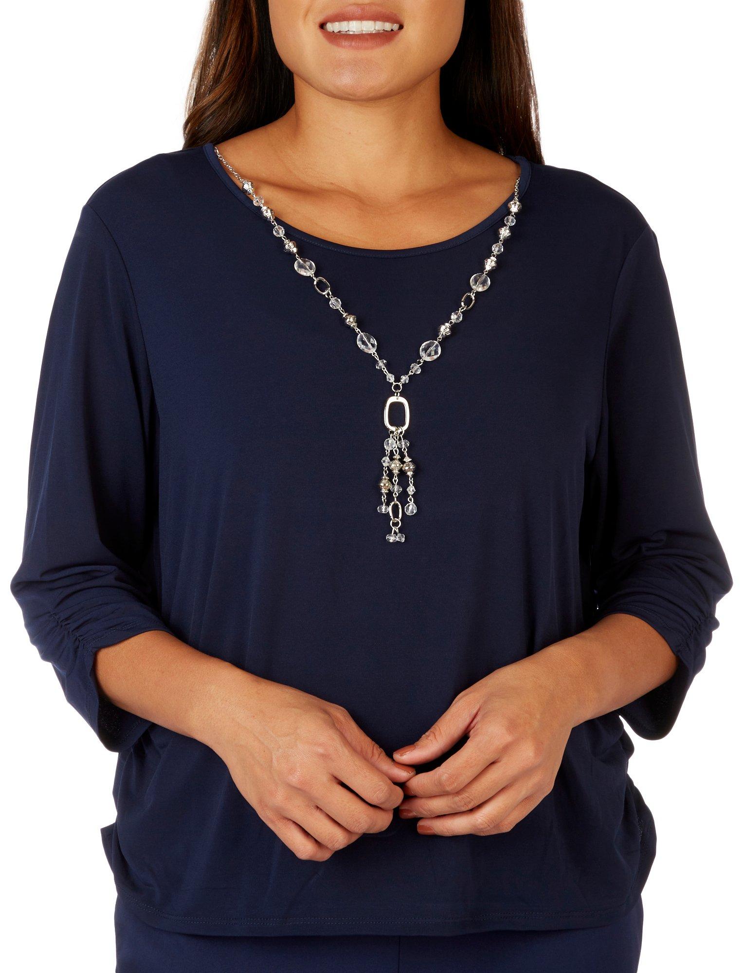 Womens Solid Cinched Round Neck 3/4 Sleeve Top