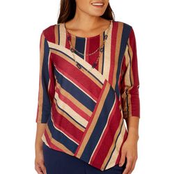 Womens Multi Striped Round Neck 3/4 Sleeve Top